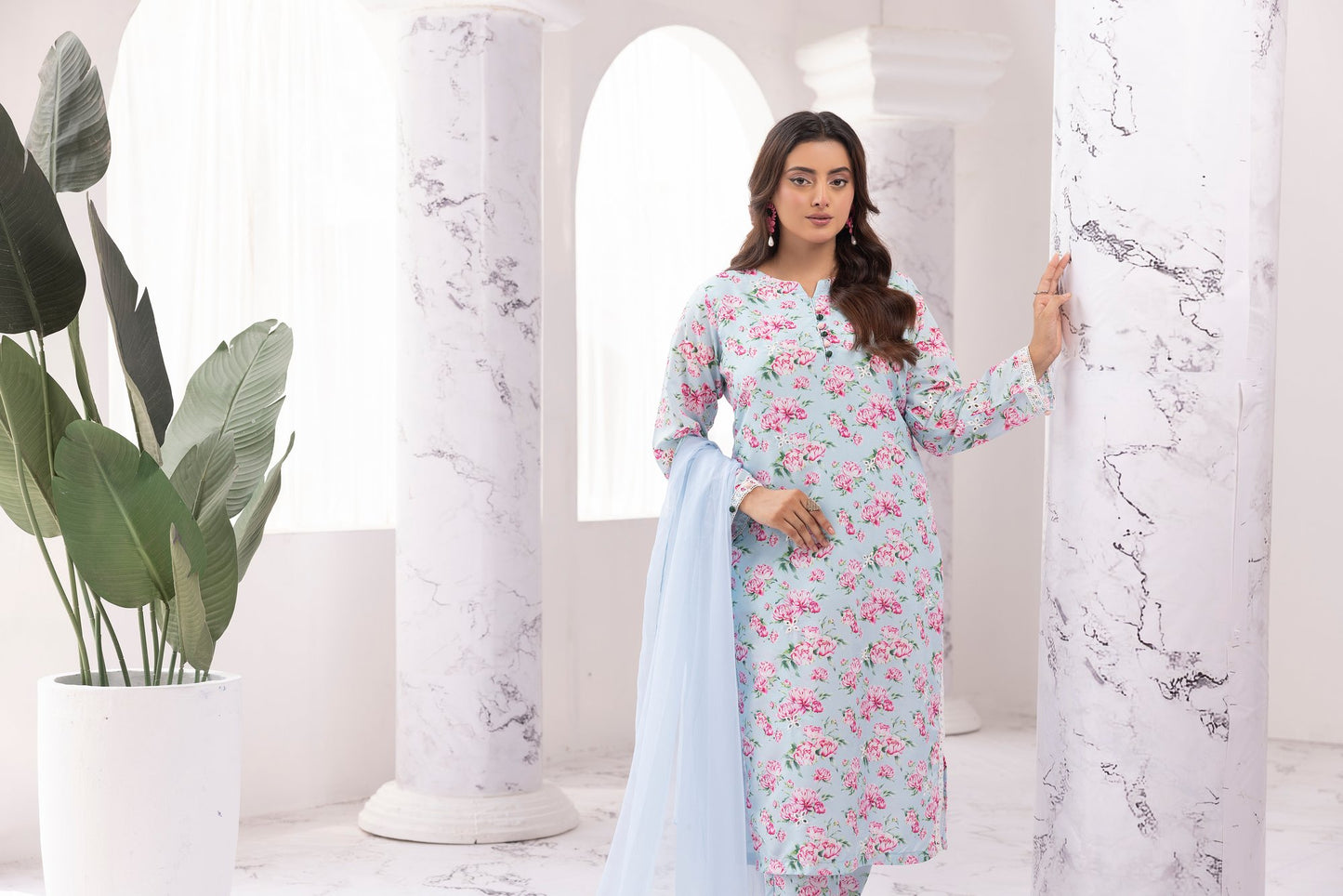 Light Blue Chikankari Floral Printed Lawn 3 Pc - Simrans