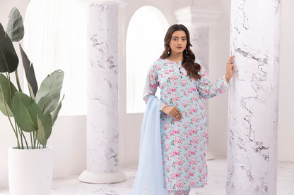 Light Blue Chikankari Floral Printed Lawn 3 Pc - Simrans