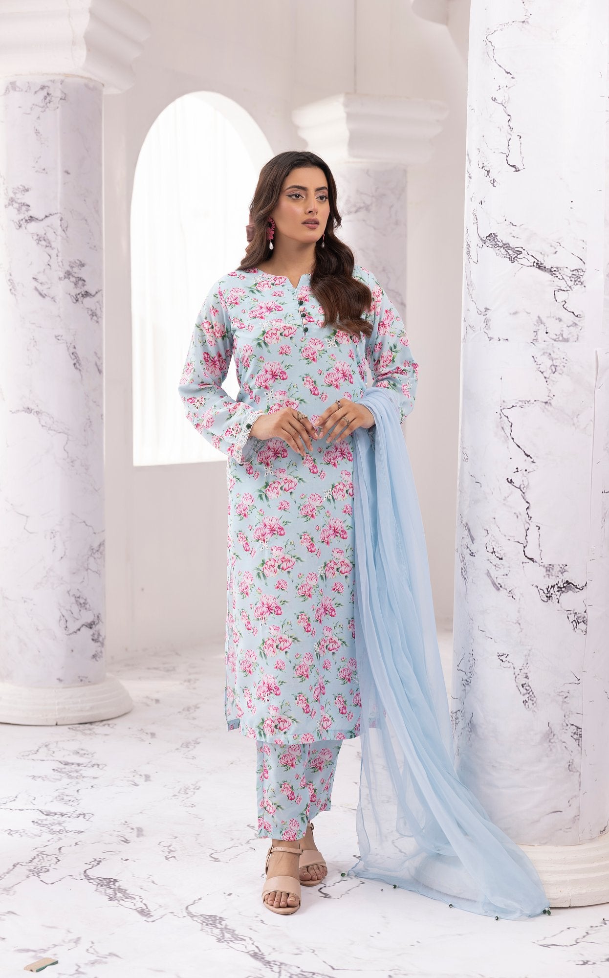 Light Blue Chikankari Floral Printed Lawn 3 Pc - Simrans