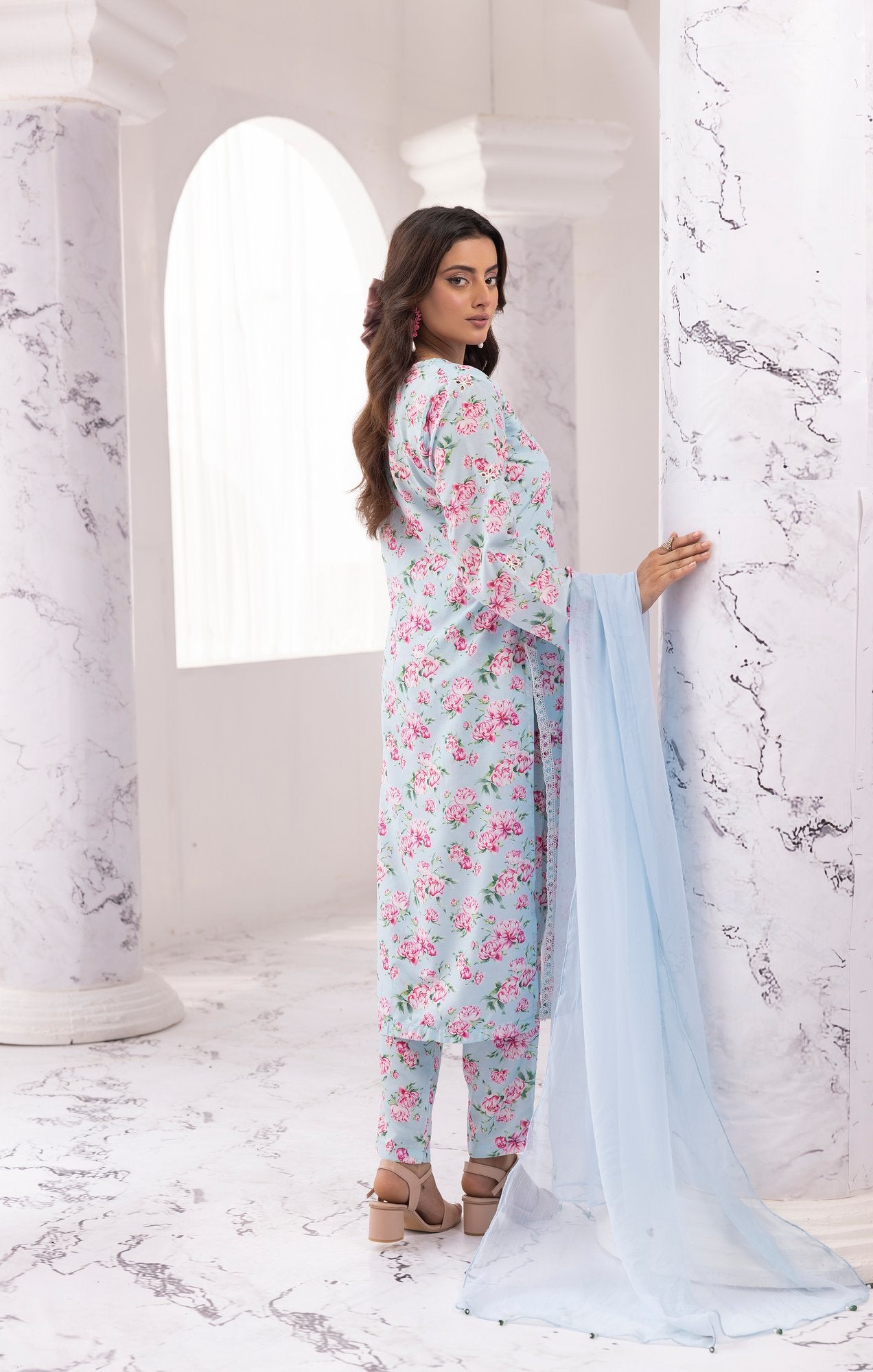 Light Blue Chikankari Floral Printed Lawn 3 Pc - Simrans