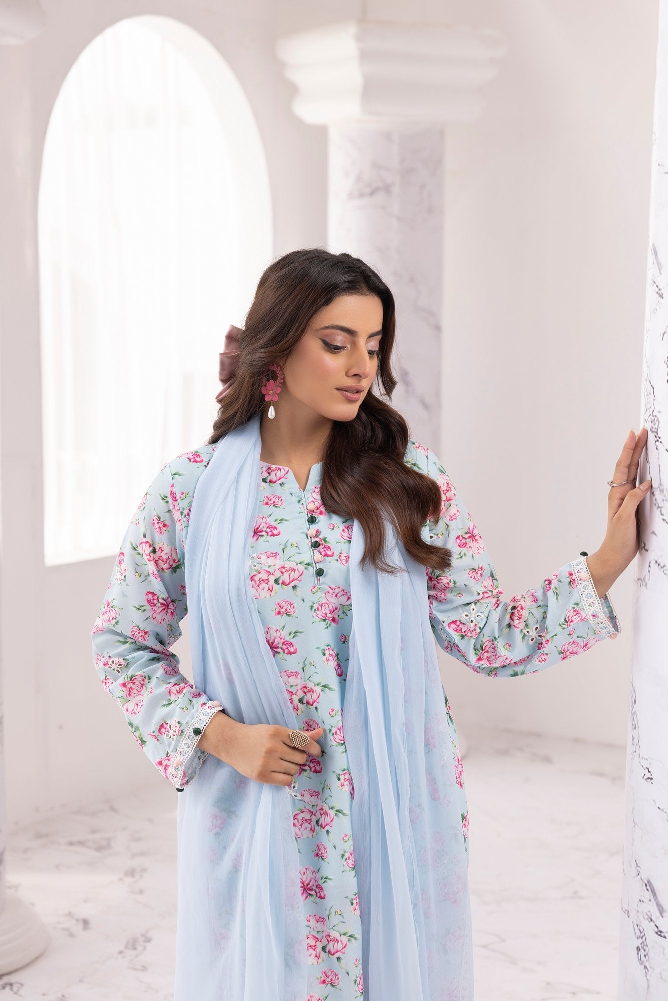 Light Blue Chikankari Floral Printed Lawn 3 Pc - Simrans