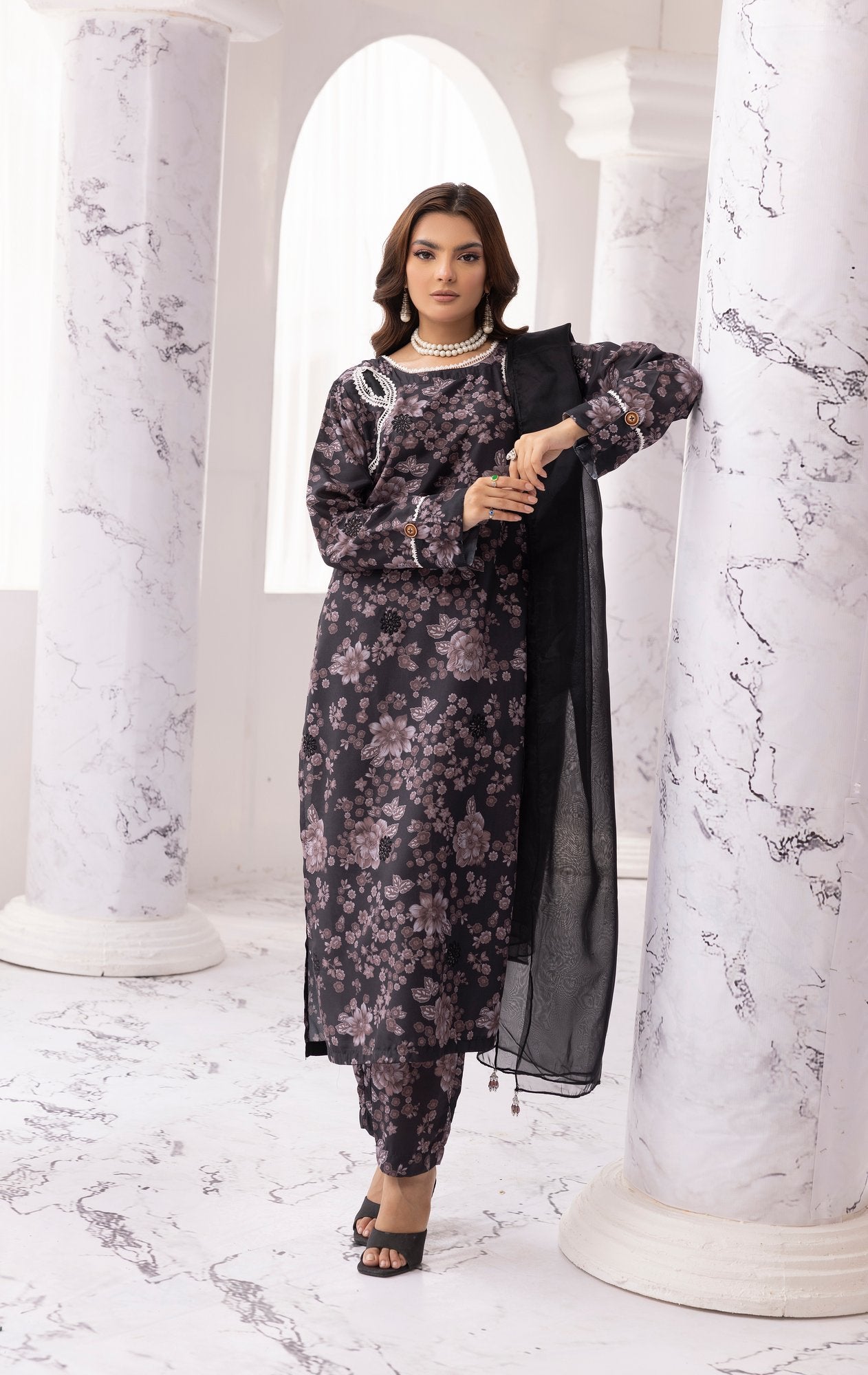 Black Chikankari Floral Printed Lawn 3 Pc - Simrans