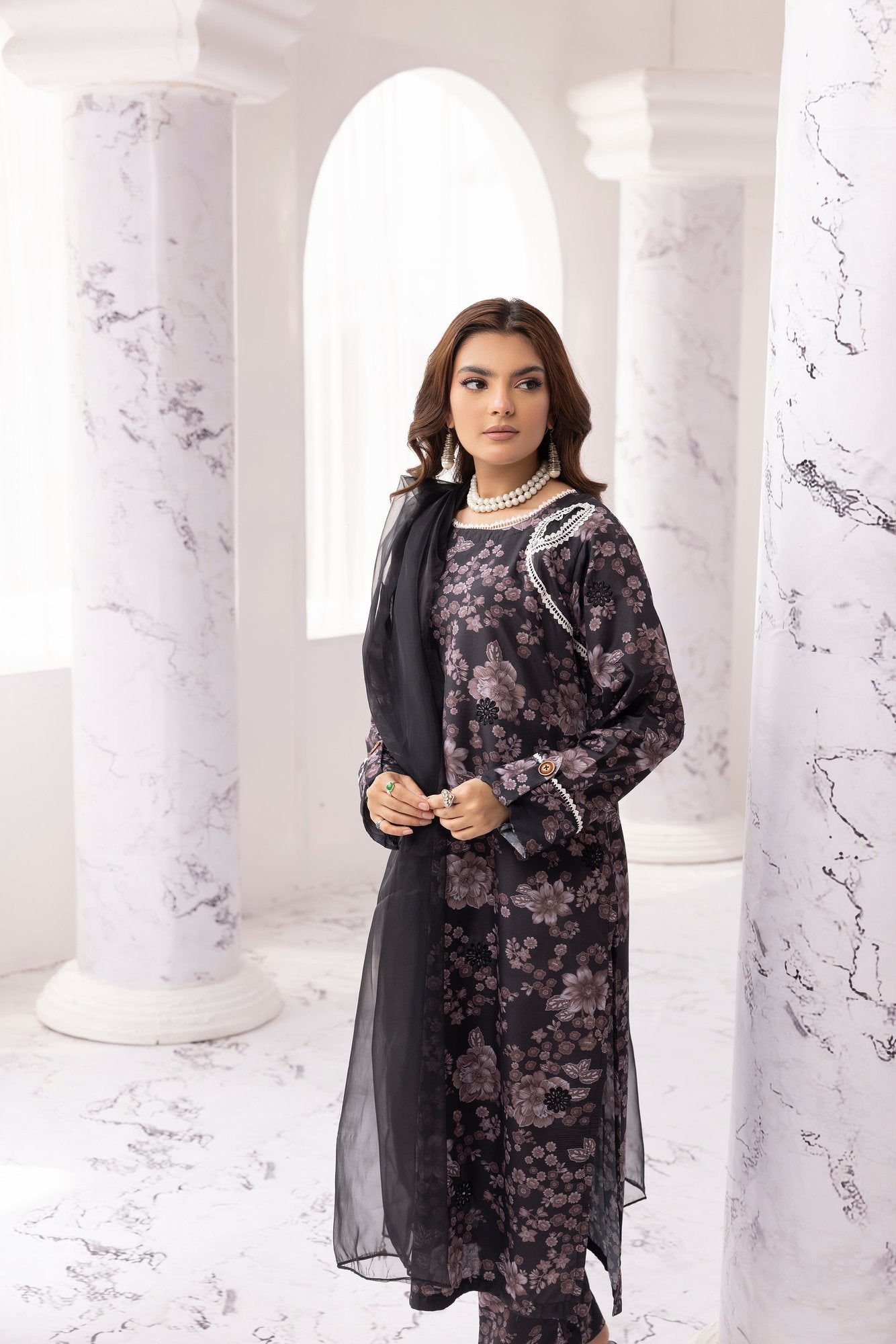 Black Chikankari Floral Printed Lawn 3 Pc - Simrans
