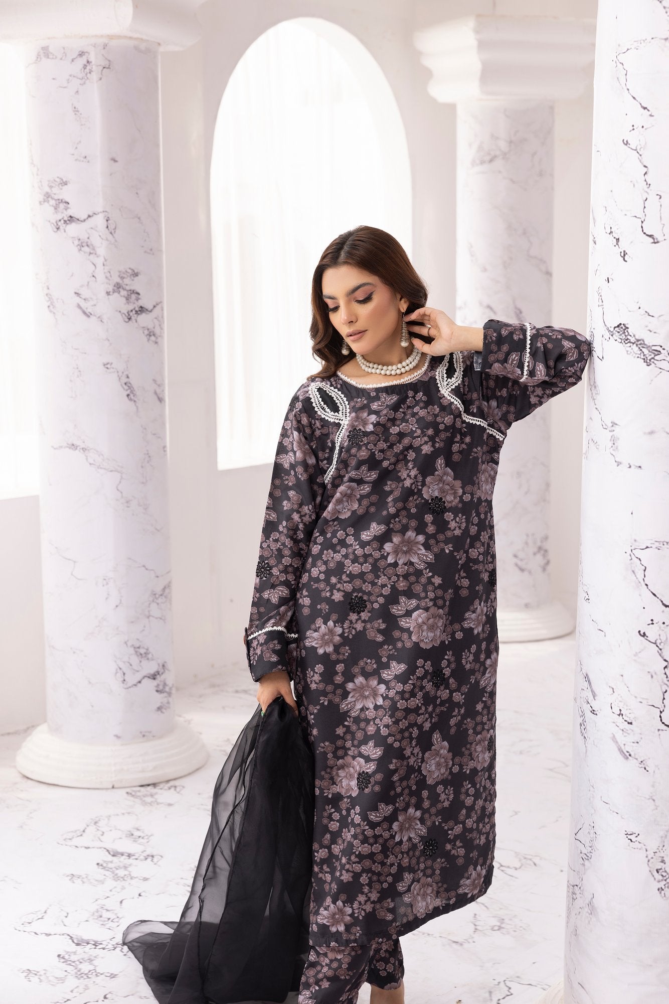 Black Chikankari Floral Printed Lawn 3 Pc - Simrans