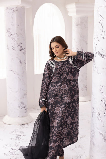 Black Chikankari Floral Printed Lawn 3 Pc - Simrans