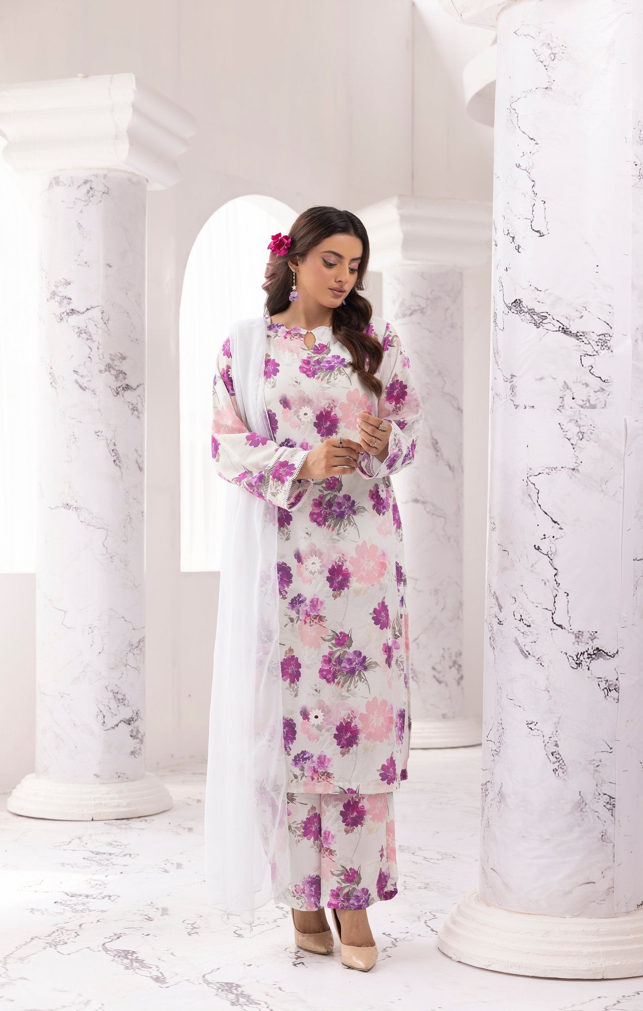 Multi Chikankari Floral Printed Lawn 3 Pc - Simrans