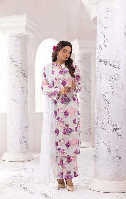 Multi Chikankari Floral Printed Lawn 3 Pc - Simrans
