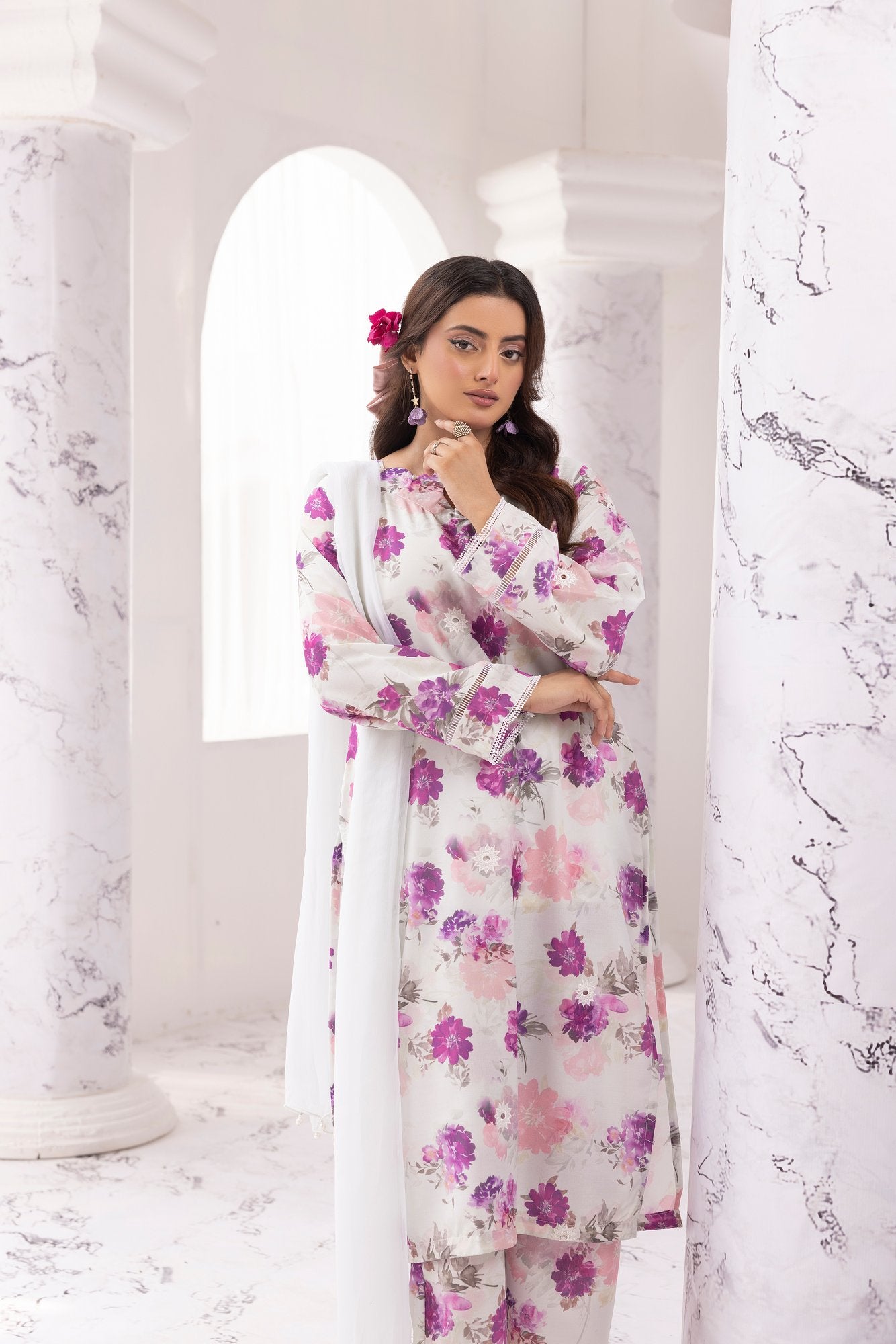 Multi Chikankari Floral Printed Lawn 3 Pc - Simrans