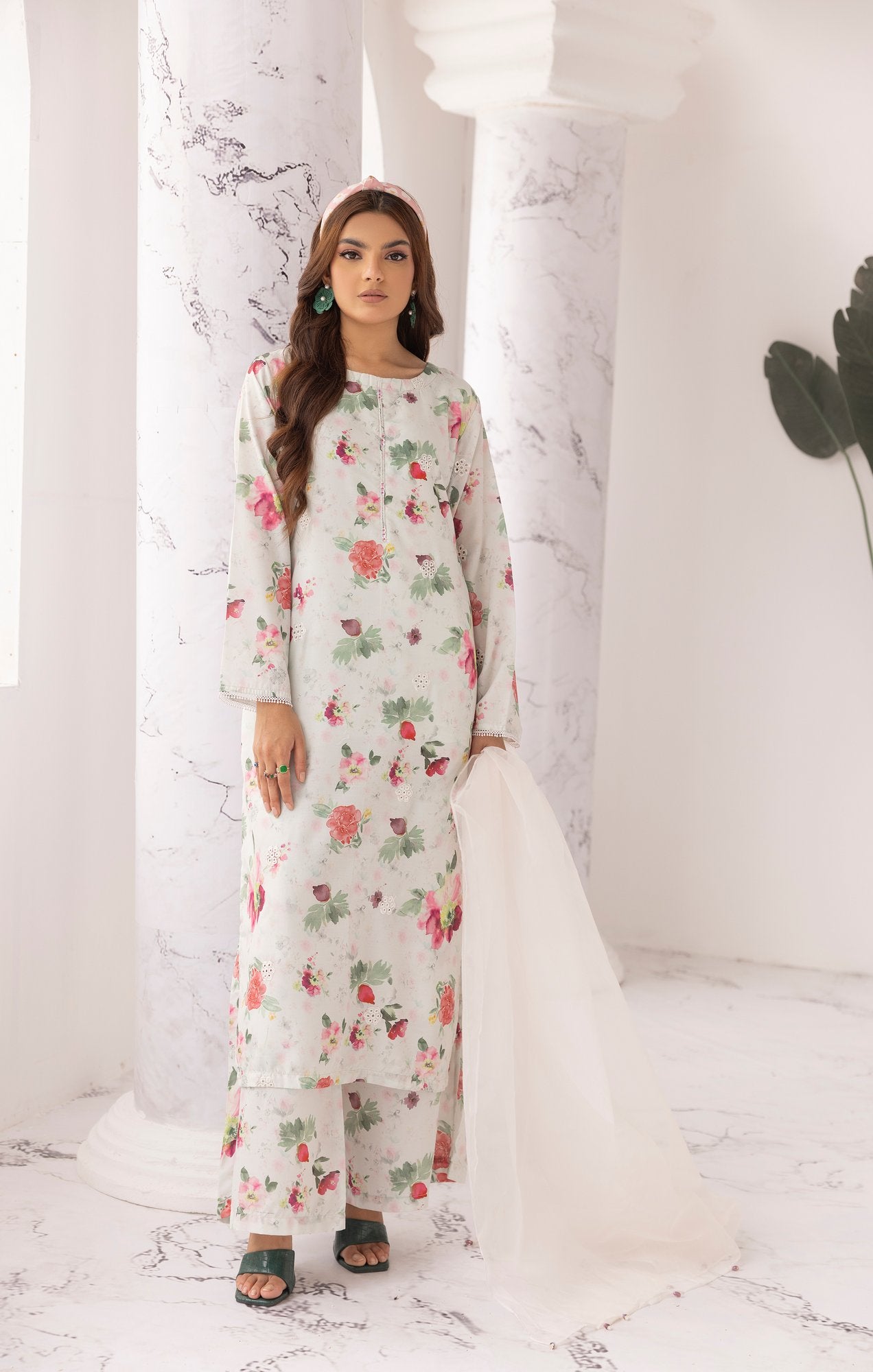 Off White Chikankari Floral Printed Lawn 3 Pc - Simrans