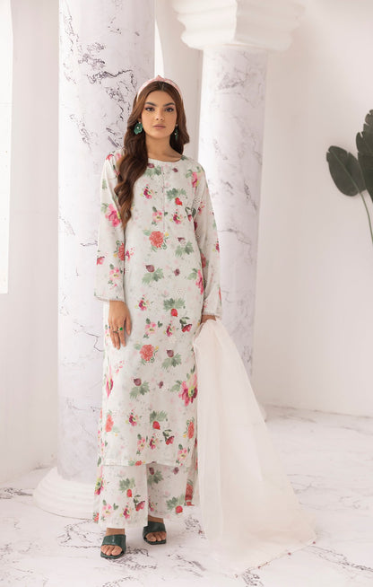 Off White Chikankari Floral Printed Lawn 3 Pc - Simrans