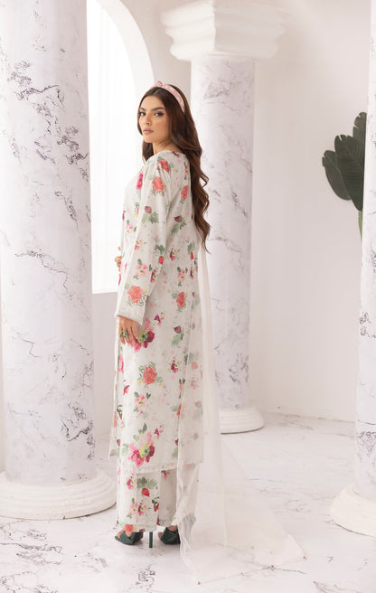 Off White Chikankari Floral Printed Lawn 3 Pc - Simrans