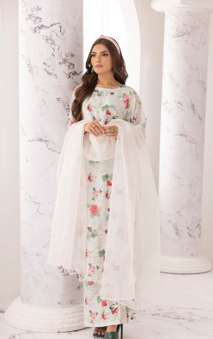Off White Chikankari Floral Printed Lawn 3 Pc - Simrans