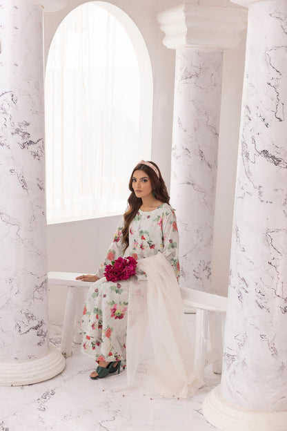 Off White Chikankari Floral Printed Lawn 3 Pc - Simrans
