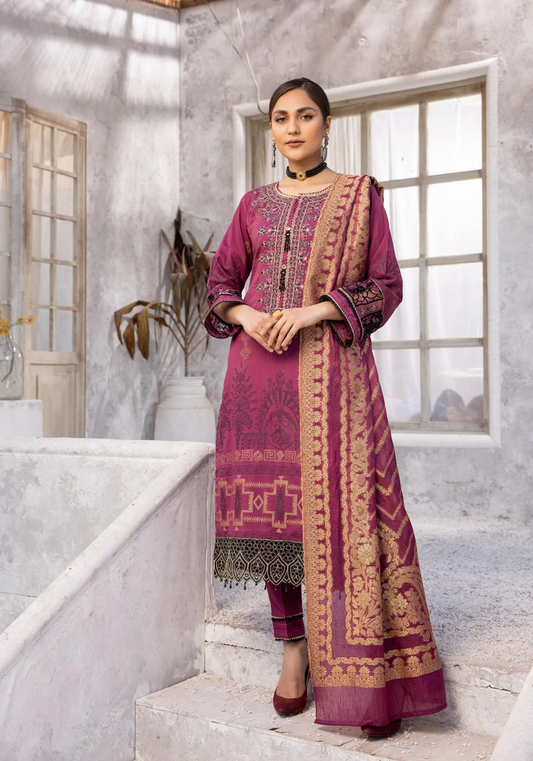 (Light Burgundy) "Bella Festive" 3 Pc Embroidered Jacquard Dress by Simrans