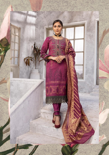 (Light Burgundy) "Bella Festive" 3 Pc Embroidered Jacquard Dress by Simrans