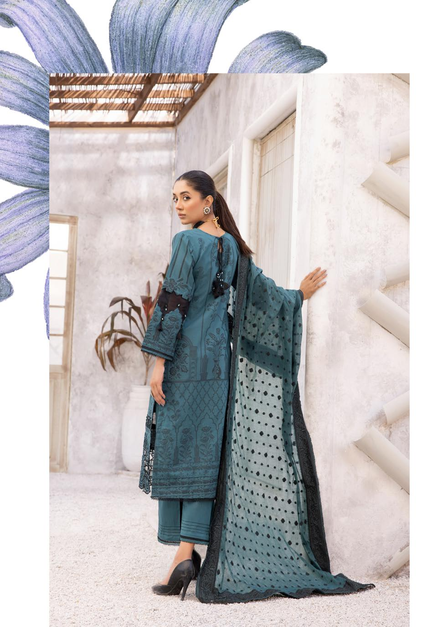 (Blue) "Bella Festive" 3 Pc Embroidered Jacquard Dress by Simrans