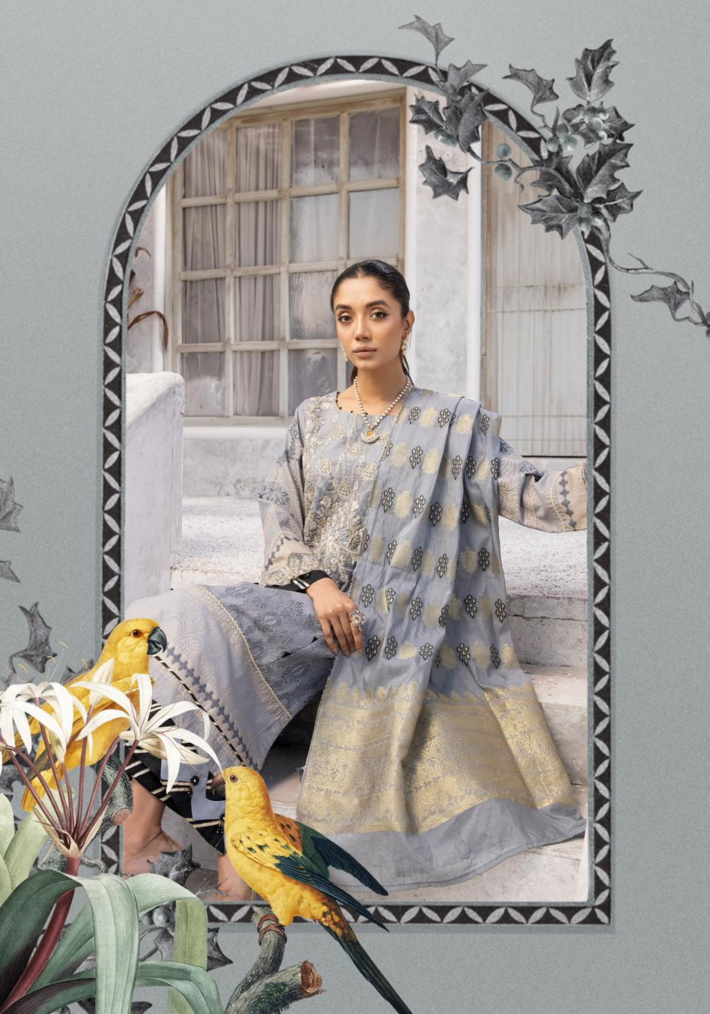 (Grey) "Bella Festive" 3 Pc Embroidered Jacquard Dress by Simrans