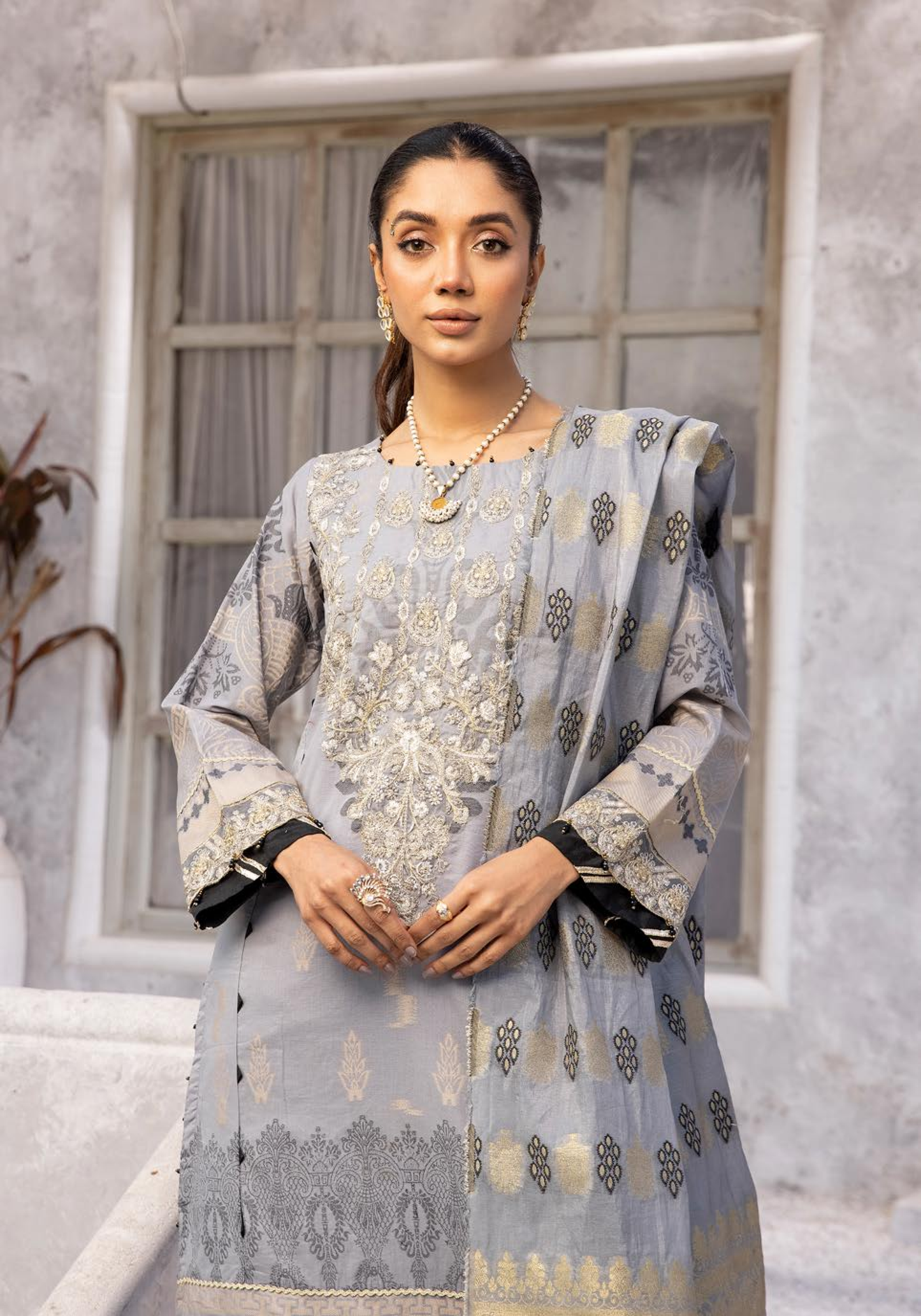 (Grey) "Bella Festive" 3 Pc Embroidered Jacquard Dress by Simrans