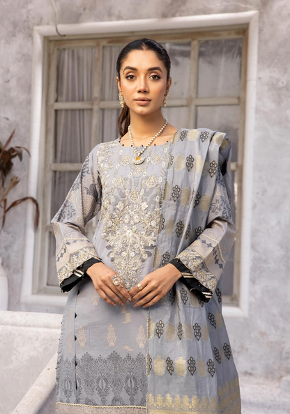 (Grey) "Bella Festive" 3 Pc Embroidered Jacquard Dress by Simrans