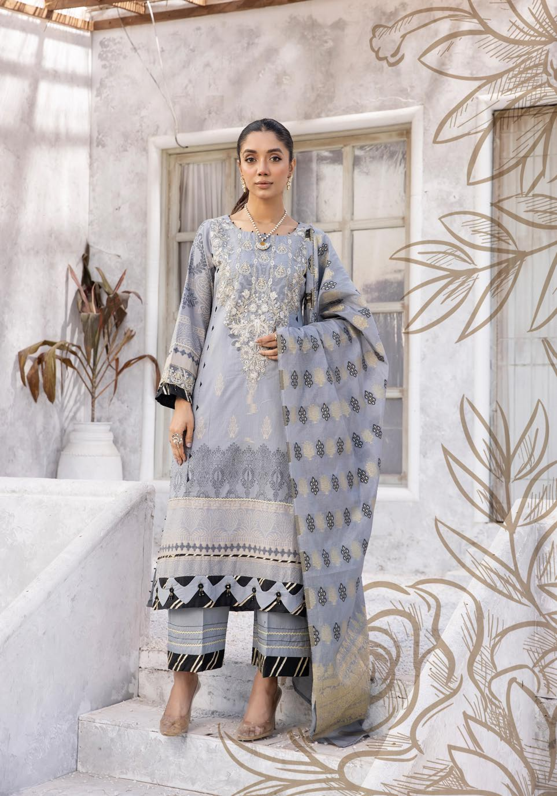 Grey) "Bella Festive" 3 Pc Embroidered Jacquard Dress by Simrans Umnaa Grey) "Bella Festive" 3 Pc Embroidered Jacquard Dress by Simrans Umnaa