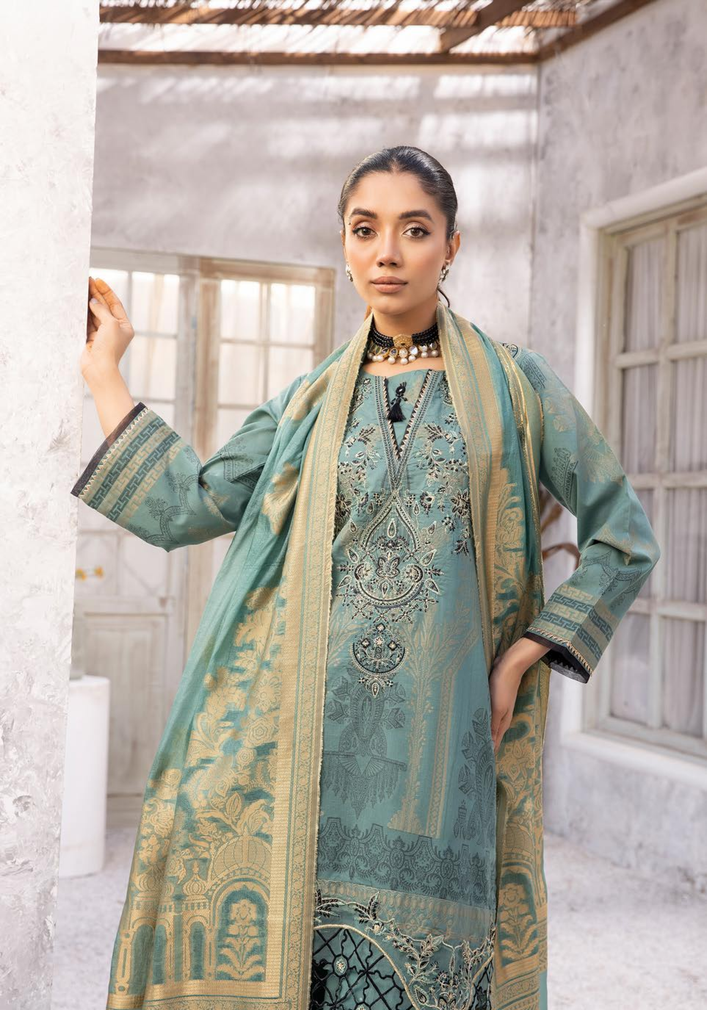 (Sea Green) "Bella Festive" 3 Pc Embroidered Jacquard Dress by Simrans