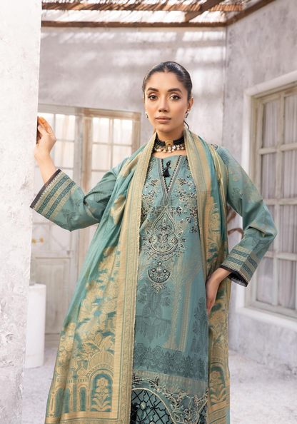 (Sea Green) "Bella Festive" 3 Pc Embroidered Jacquard Dress by Simrans
