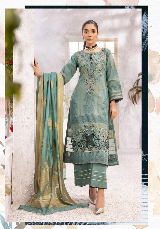 (Sea Green) "Bella Festive" 3 Pc Embroidered Jacquard Dress by Simrans