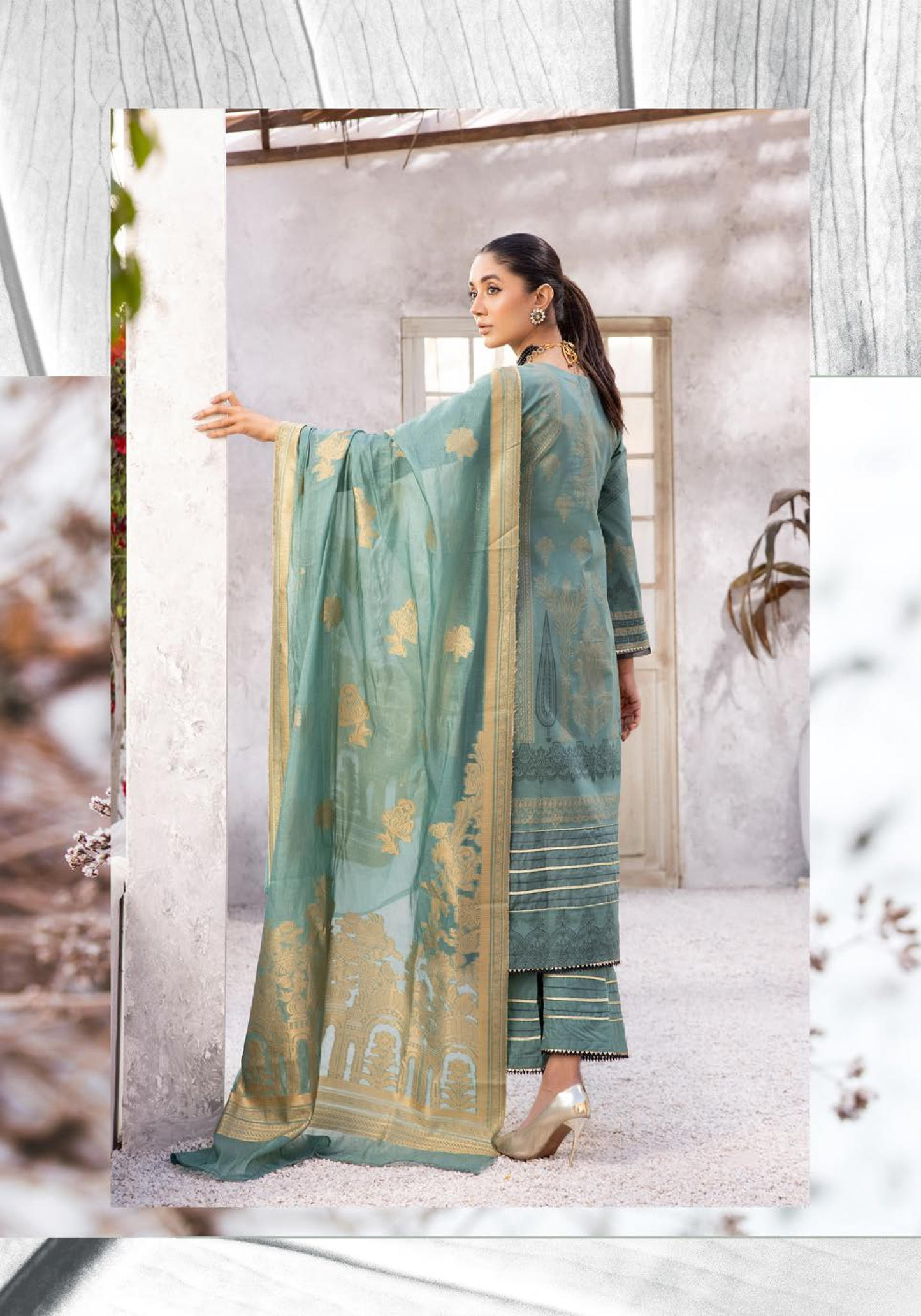 (Sea Green) "Bella Festive" 3 Pc Embroidered Jacquard Dress by Simrans