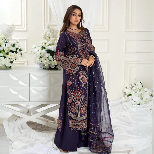 (Blue) 3 Pc Embroidered Viscose Ready to Wear Dress | Winter Wear | Heera's