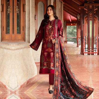 (Maroon) Embroidered Luxury Velvet Twill Linen Suit | 3 Pc | Winter Collection | MARIA.B