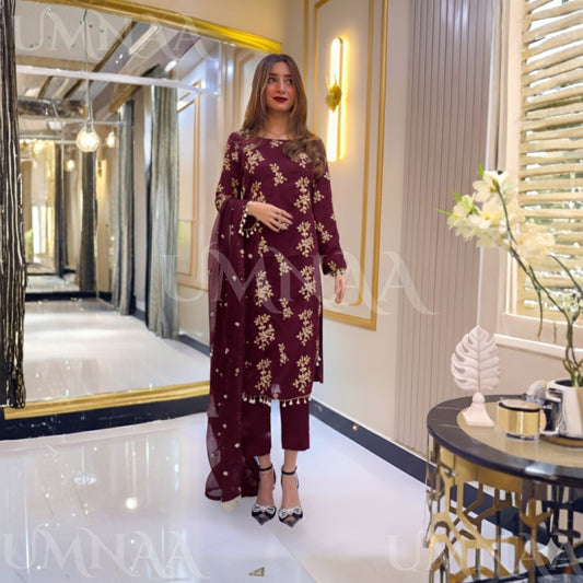 UA-26 3 Piece Embroidered Chiffon Party wear Pakistani Dress | Umnaa