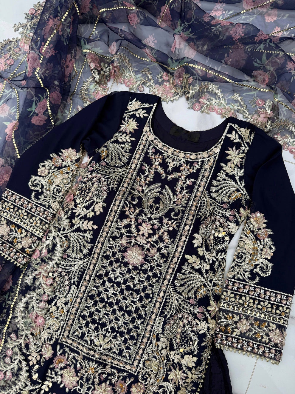 UA-180 Navy Blue Embroidered Festive Chiffon Crushed Sharara Dress by Umnaa