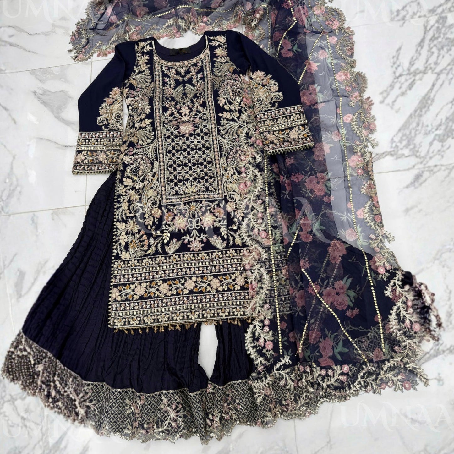UA-180 Navy Blue Embroidered Festive Chiffon Crushed Sharara Dress by Umnaa