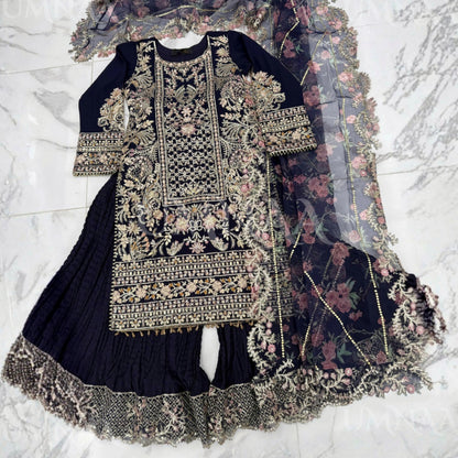 UA-180 Navy Blue Embroidered Festive Chiffon Crushed Sharara Dress by Umnaa