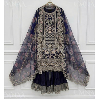 UA-180 Navy Blue Embroidered Festive Chiffon Crushed Sharara Dress by Umnaa