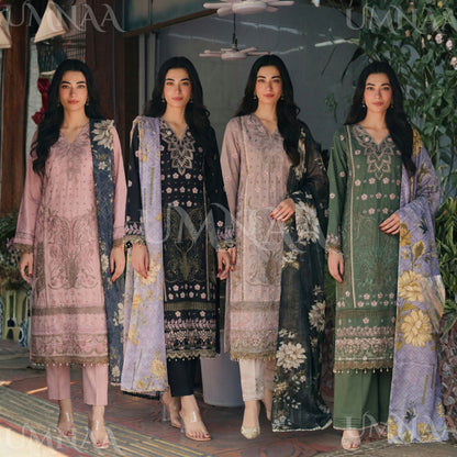 UB-01 3 Pc Embroidered Linen Dress With Cotton Silk Printed Dupatta  By UB