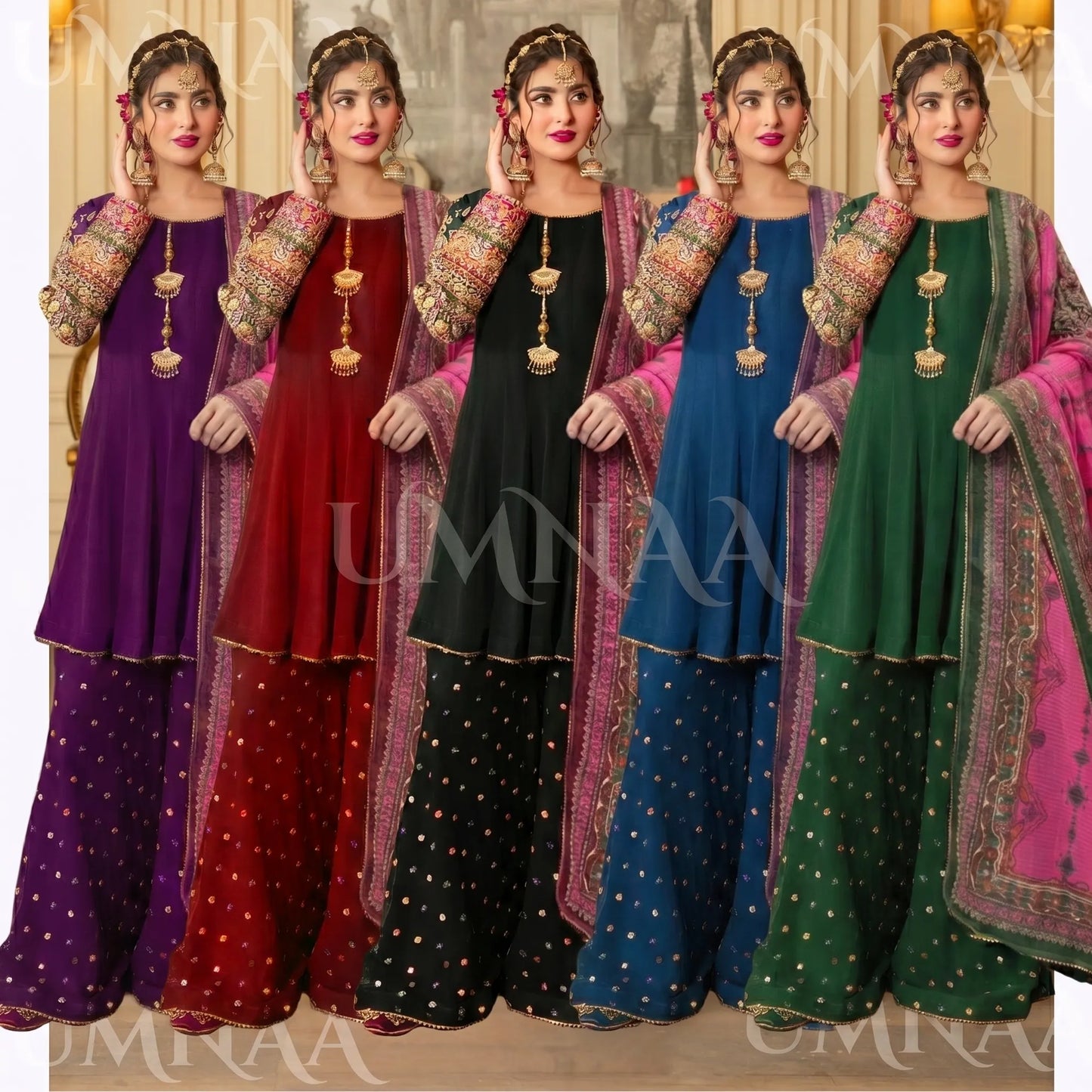 UA-166 Embroidered Chiffon Viral Sharara 3-Piece Collection by Umnaa