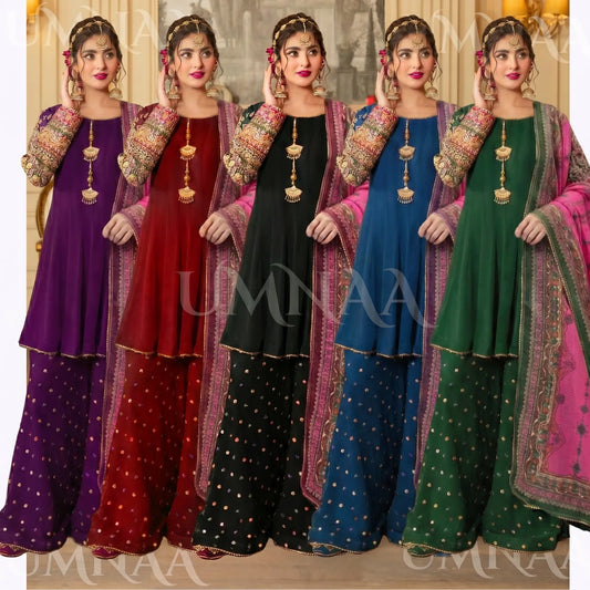UA-166 Embroidered Chiffon Viral Sharara 3-Piece Collection by Umnaa