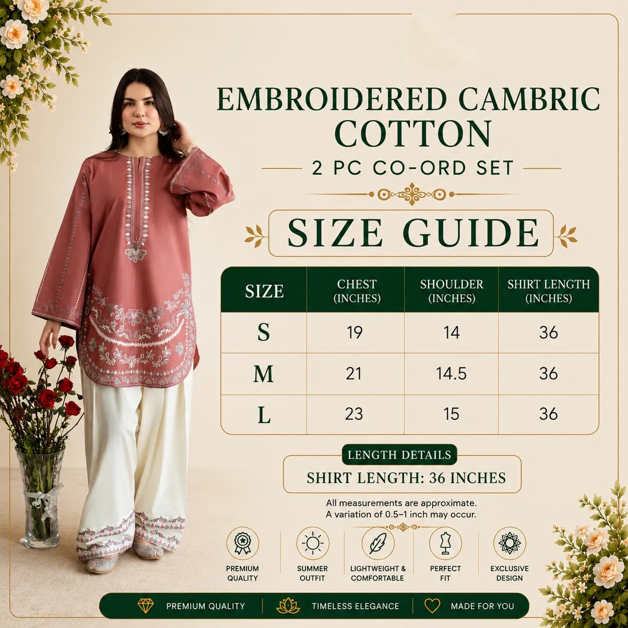 UA-251 Embroidered Cambric Cotton 2 Pc Co-Ord Set with Farshi Shalwar by Umnaa