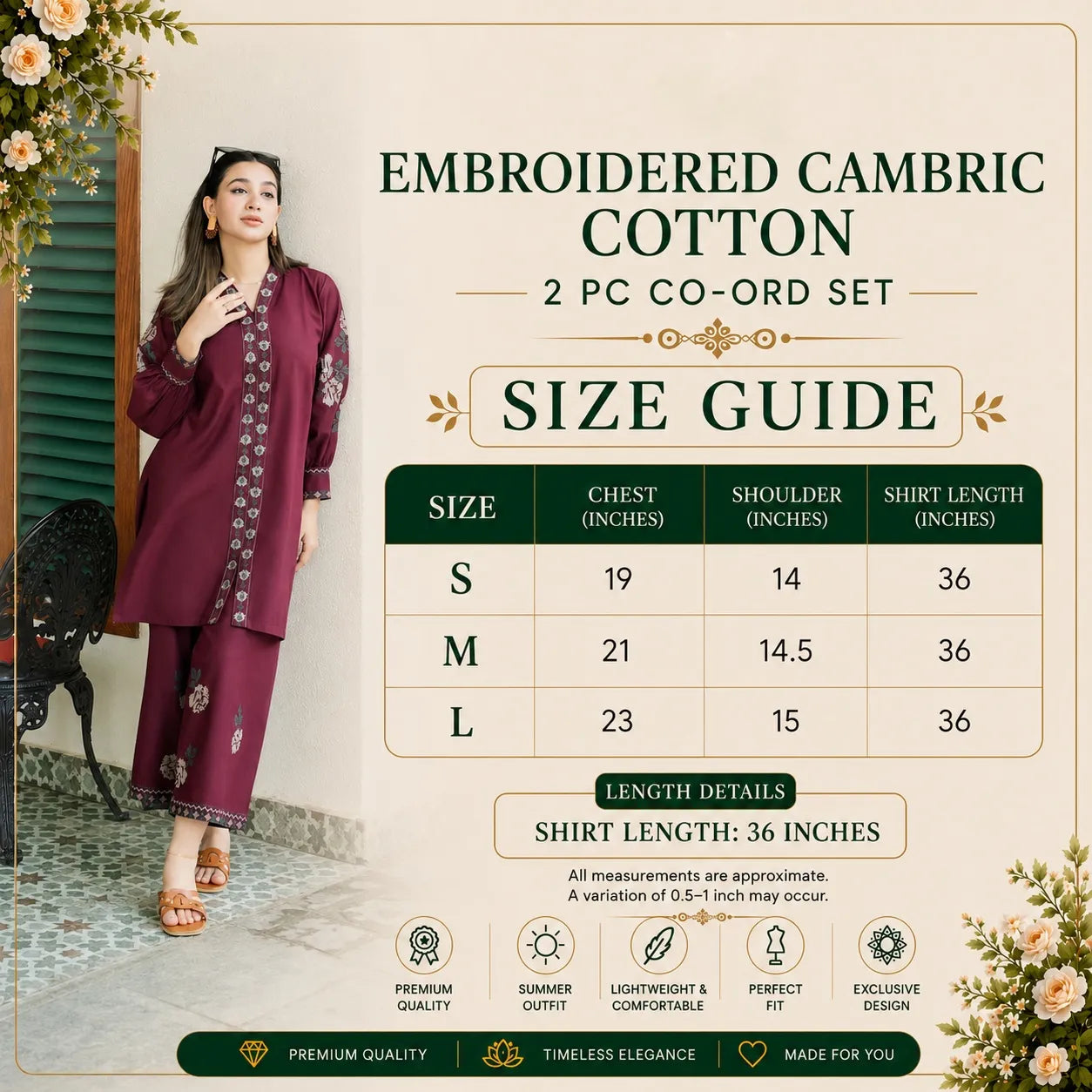 UA-252 Embroidered Cambric Cotton 2 Pc Co-Ord Set by Umnaa