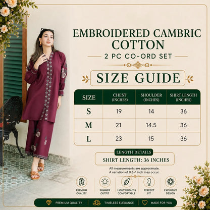 UA-252 Embroidered Cambric Cotton 2 Pc Co-Ord Set by Umnaa