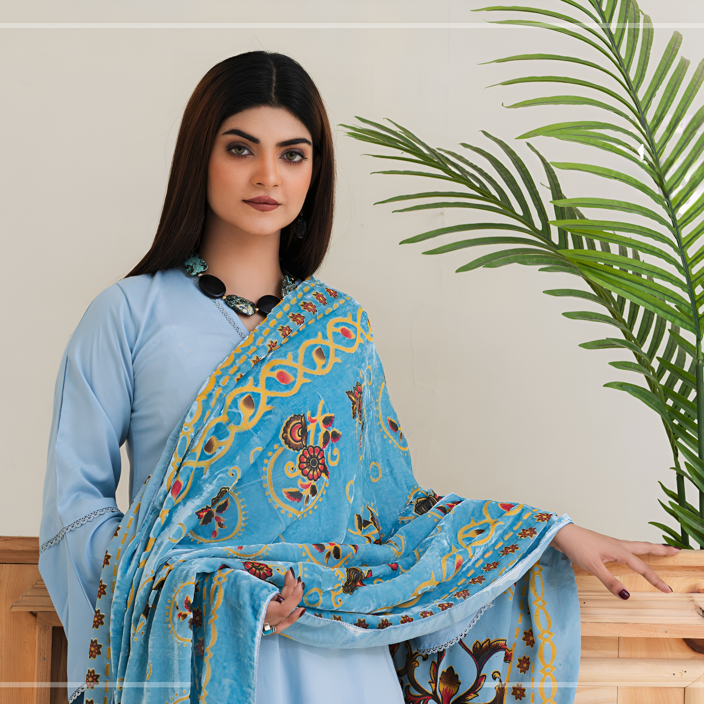 (Cloudy Blue) 3 Pc Dhanak Shirt & Plazo with Palachi Shawl | Winter Collection | Rangz