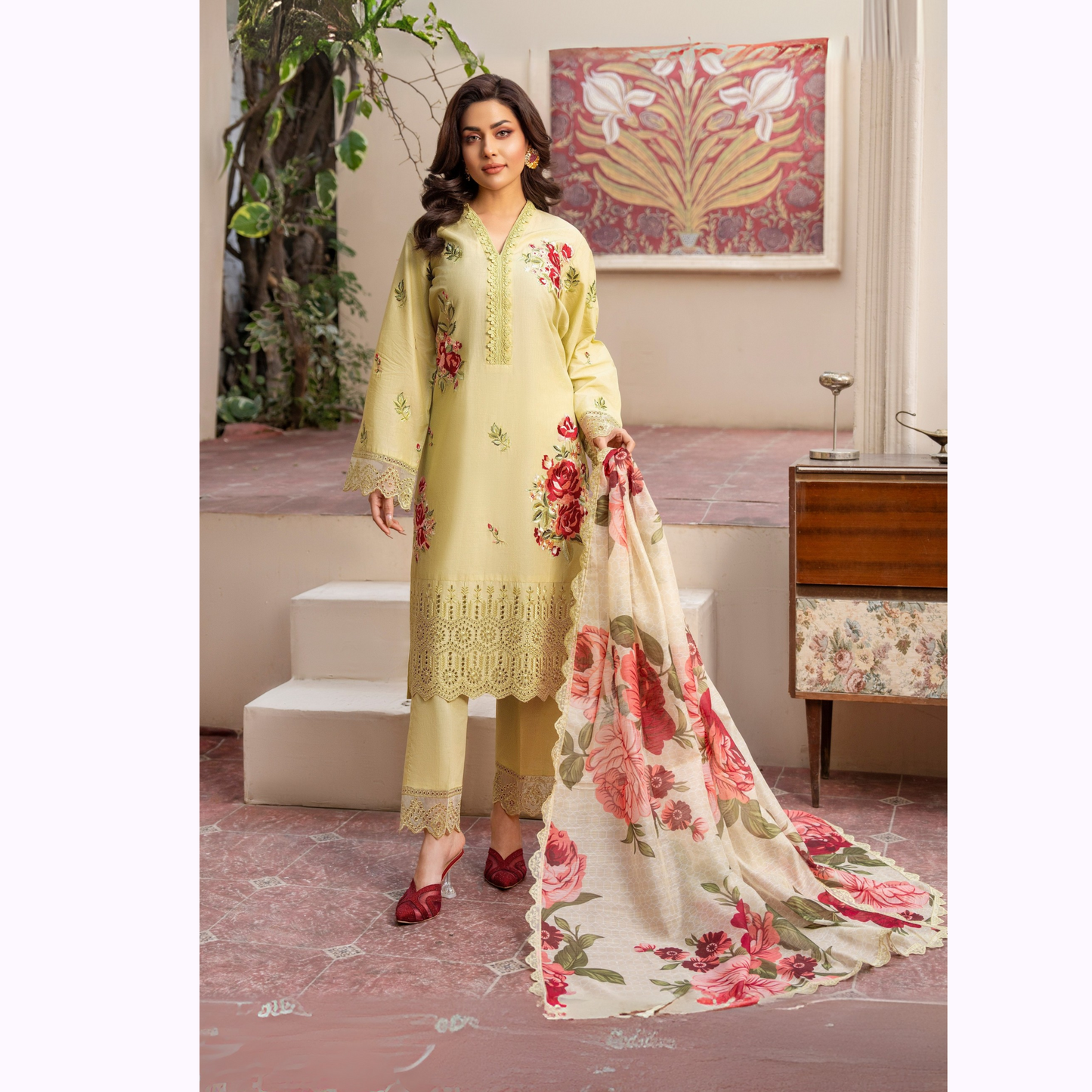 UKC-21 (Sand) Chikenkari Cambric Cotton Ready to Wear Eid Collection 3 Pc - Karma Collection