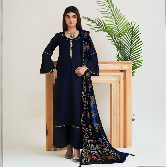 (Dark Blue) 3 Pc Dhanak Shirt & Plazo with Palachi Shawl | Winter Collection | Rangz