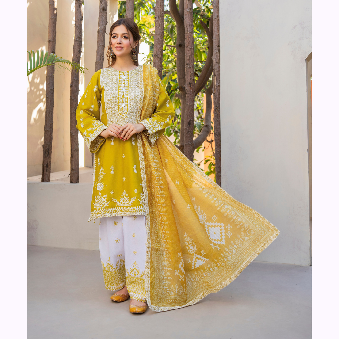 KC-1441 Embroidered Chikenkari Cambric Cotton Farshi Shalwar Ready to Wear 3 Pc - Karma Collection