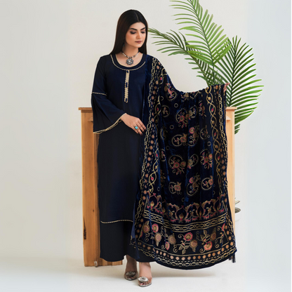 (Dark Blue) 3 Pc Dhanak Shirt & Plazo with Palachi Shawl | Winter Collection | Rangz