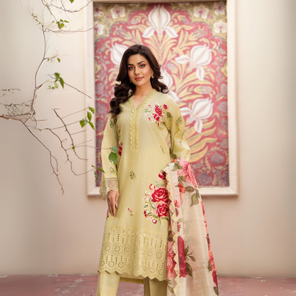 UKC-21 (Sand) Chikenkari Cambric Cotton Ready to Wear Eid Collection 3 Pc - Karma Collection