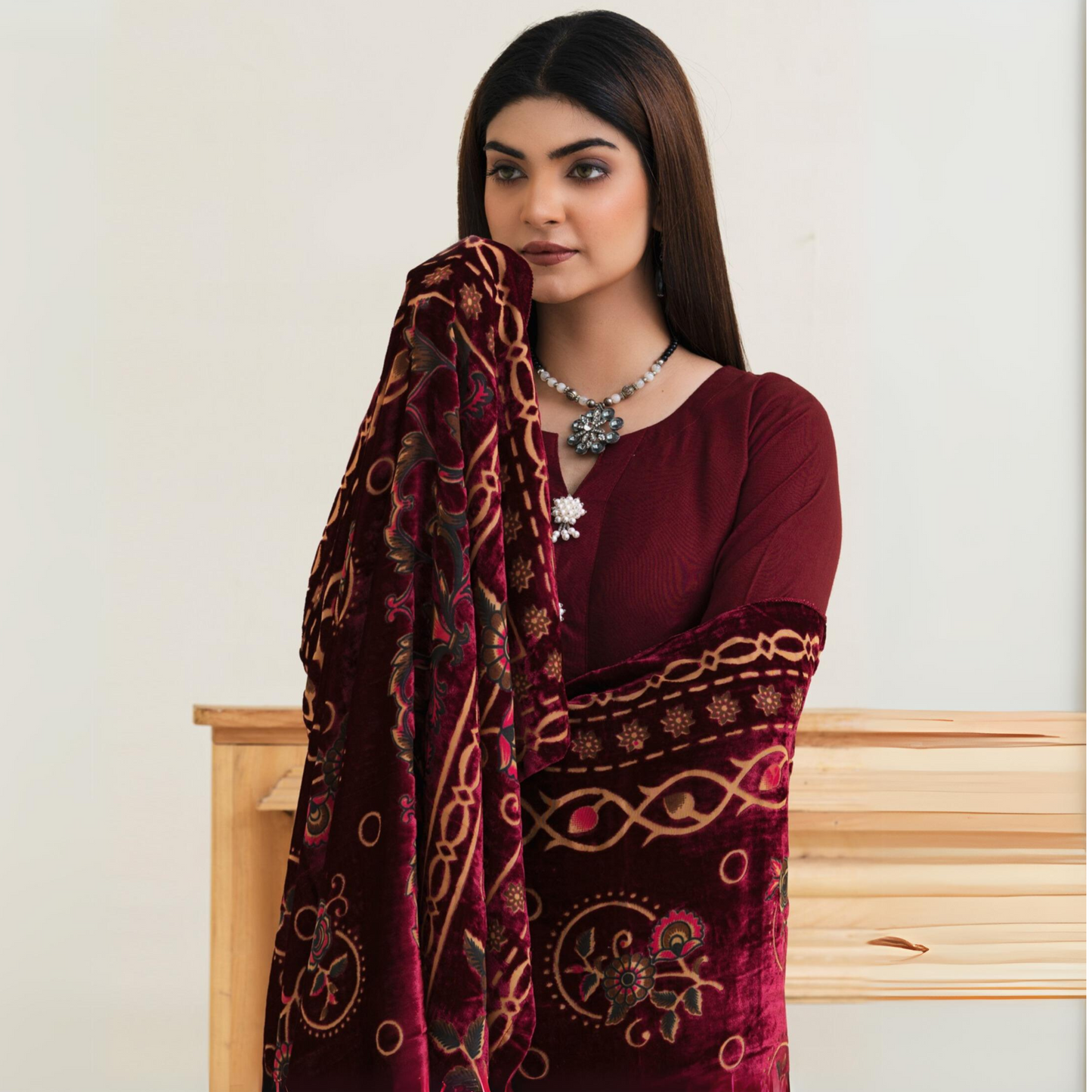 (Maroon) 3 Pc Dhanak Shirt & Plazo with Palachi Shawl | Winter Collection | Rangz