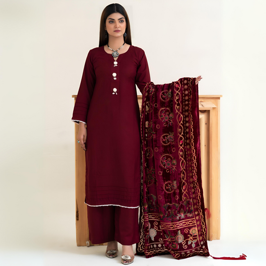 (Maroon) 3 Pc Dhanak Shirt & Plazo with Palachi Shawl | Winter Collection | Rangz