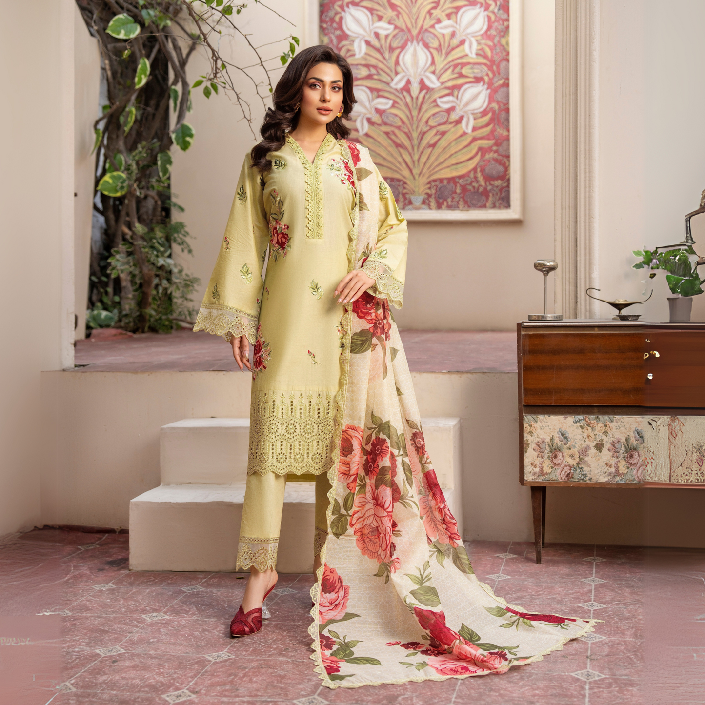 UKC-21 (Sand) Chikenkari Cambric Cotton Ready to Wear Eid Collection 3 Pc - Karma Collection